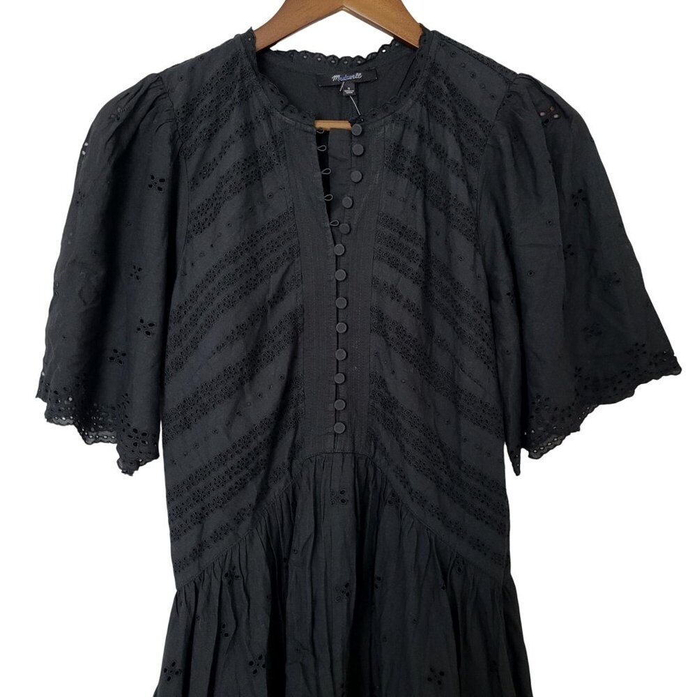 Madewell Eyelet Flutter Sleeve Mini Dress In Cotton Womens Size 0 Jet Black NWT - Picture 3 of 7